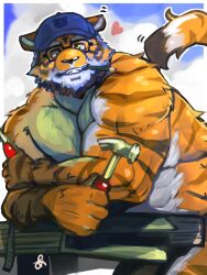 Rule 34 | 1boy, animal ears, ashikakoshika, bara, baseball cap, cowboy shot, dual wielding, furry, furry male, grin, hammer, hat, highres, holding, holding hammer, large pectorals, looking at viewer, male focus, mechanic, motion lines, muscular, muscular male, orange fur, original, pectoral squeeze, pectorals, seductive smile, short hair, smile, solo, tail, tiger boy, tiger ears, tiger tail, white fur