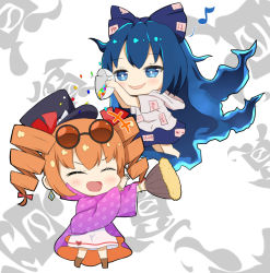 Rule 34 | +++, 2girls, blue eyes, blue hair, blush, bright pupils, chibi, coat, confetti, crys (dai), dress, drill hair, closed eyes, eyewear on head, hat, highres, long hair, multiple girls, open mouth, orange hair, purple coat, siblings, simple background, sisters, smile, top hat, touhou, twin drills, twintails, very long hair, white dress, yorigami jo&#039;on, yorigami shion