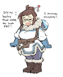 Rule 34 | &gt; &lt;, 1girl, boots, breasts, brown hair, chibi, coat, english text, closed eyes, female focus, flat color, full body, ge-b, glasses, hair bun, hair ornament, hair stick, large breasts, mei (overwatch), overwatch, overwatch 1, pout, robot, short hair, simple background, single hair bun, snowball (overwatch), solo, thick thighs, thighs, weight conscious, white background, wide hips, winter clothes