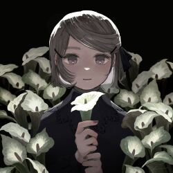 Rule 34 | 1girl, black background, black ribbon, brown eyes, brown hair, brown nails, calla lily, closed mouth, flower, hair ornament, hair ribbon, hairpin, hanio3, highres, holding, holding flower, long sleeves, looking at viewer, nail polish, original, ribbon, short hair, solo, straight-on, straight hair, upper body