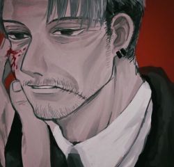 Rule 34 | 1boy, am4 pm4, black eyes, black jacket, black suit, blood, blood on face, chainsaw man, collared shirt, earrings, scar on face, facial hair, jacket, jewelry, kishibe (chainsaw man), necktie, piercing, red background, scar, shirt, short hair, sideburns, solo, stitches, stubble, suit, undercut, white hair
