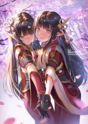Rule 34 | 2girls, absurdres, black gloves, black hair, blunt bangs, blurry, blurry background, breast press, breasts, cherry blossoms, eyebrows hidden by hair, fewer digits, gloves, h1y3l14, hair ornament, hakama, hakama skirt, highres, hinoa, holding hands, interlocked fingers, japanese clothes, jewelry, kimono, large breasts, long hair, long sleeves, looking at viewer, minoto, monster hunter (series), monster hunter rise, multiple girls, necklace, outdoors, petals, pointy ears, red hakama, siblings, sidelocks, sisters, skirt, smile, standing, symmetrical docking, tassel, tree, twins, white kimono, wide sleeves, yellow eyes