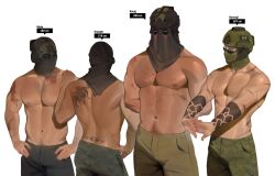 Rule 34 | 4boys, absurdres, arm hair, arm tattoo, back, back tattoo, bara, call of duty, call of duty: modern warfare 2, character name, chest hair, covered face, cowboy shot, height chart, highres, horangi (modern warfare 2), konig (call of duty), looking at another, male focus, mature male, multiple boys, multiple scars, muscular, muscular male, navel hair, nikto, nipples, nori kun7, scar, sebastian krueger (modern warfare), simple background, sniper veil, stretching, strongman waist, sunglasses, tattoo, topless male, tramp stamp, white background