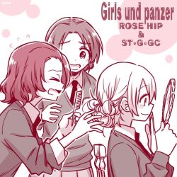 Rule 34 | 3girls, braid, chair, character name, closed eyes, closed mouth, comb, commentary, copyright name, darjeeling (girls und panzer), dress shirt, english text, flying sweatdrops, from side, girls und panzer, hand mirror, hand to own mouth, holding, holding comb, holding mirror, hone (honehone083), leaning forward, long sleeves, looking at another, medium hair, mirror, monochrome, multiple girls, necktie, one-hour drawing challenge, open mouth, orange pekoe (girls und panzer), parted bangs, pleated skirt, rosehip (girls und panzer), school uniform, shirt, short hair, sitting, skirt, sleeves rolled up, smile, st. gloriana&#039;s school uniform, standing, sweatdrop, sweater, v-neck, wing collar