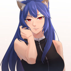 Rule 34 | 1girl, absurdres, animal ears, bare shoulders, blue hair, breasts, commission, commissioner upload, hand in own hair, highres, kikaia, large breasts, long hair, looking at viewer, original, parted lips, red eyes, royal (unit645), second-party source, shirt, sleeveless, sleeveless shirt, smile, solo, tagme, upper body, wolf ears