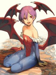 Rule 34 | 1girl, :d, animal print, arm support, artist request, bare shoulders, bat print, bat wings, bridal gauntlets, collarbone, commentary request, covered navel, demon girl, diamond cutout, flat chest, full body, head wings, highres, leotard, lilith aensland, looking at viewer, official art, open mouth, outdoors, pantyhose, print pantyhose, purple hair, red eyes, red leotard, short hair, smile, solo, teeth, upper teeth only, vampire (game), watermark, wings
