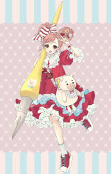Rule 34 | 1girl, absurdres, animal bag, bag, blush, bracelet, candy hair ornament, cookie hair ornament, double bun, dress, food-themed hair ornament, frilled dress, frills, full body, hair bun, hair ornament, hand up, heart, heart hair ornament, highres, holding, holding pen, jewelry, lavie (cestbonlavie), lollipop hair ornament, long sleeves, looking at viewer, necklace, nib pen (object), open mouth, original, oversized object, pen, pig, pink hair, red eyes, shoes, shoulder bag, smile, sneakers, socks, solo, standing, standing on one leg, stuffed animal, stuffed pig, stuffed toy, v