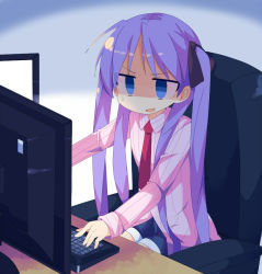Rule 34 | 00s, 1girl, blue eyes, chair, computer, denim, denim shorts, empty eyes, hiiragi kagami, jitome, kanikama, katou emiri, keyboard (computer), long hair, lucky star, monitor, necktie, office chair, purple hair, real life, shaded face, shorts, sitting, solo, sweatdrop, swivel chair, twintails, voice actor connection