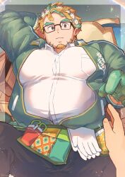 Rule 34 | 1boy, ^^^, arm behind head, bara, belly, belt, black-framed eyewear, blank stare, breast pocket, closed mouth, collared shirt, daisy, facial hair, fat, fat man, flower, gloves, goatee, green hair, green hands, green jacket, hair flower, hair ornament, highres, hippolytus (housamo), jacket, light blush, light brown hair, looking at viewer, male focus, multicolored hair, pocket, pov, pov hands, puffy chest, rectangular eyewear, sawch cls, scissors, shirt, short hair, sideburns stubble, signature, solo focus, stubble, tokyo houkago summoners, track jacket, two-tone hair, utility belt, white gloves, white shirt