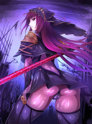 Rule 34 | 1girl, armor, ass, bodysuit, breasts, cameltoe, covered erect nipples, fate/grand order, fate (series), gae bolg (fate), highres, holding, holding weapon, long hair, looking at viewer, looking back, purple hair, red eyes, scathach (fate), scathach (fate), shoulder armor, solo, sukumo (kemutai), veil, weapon