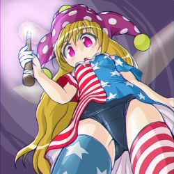 Rule 34 | 1girl, alternate legwear, american flag dress, american flag legwear, american flag shirt, blonde hair, blush, chromatic aberration, clownpiece, dress, dutch angle, fairy wings, from below, hat, jester cap, long hair, looking down, open mouth, print thighhighs, purple eyes, school swimsuit, short dress, short sleeves, solo, star (symbol), striped clothes, striped thighhighs, swimsuit, swimsuit under clothes, thighhighs, touhou, upskirt, wings, winn
