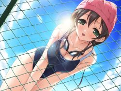 Rule 34 | 1girl, breasts squeezed together, breasts, chain-link fence, cleavage, competition swimsuit, fence, game cg, goggles, goggles around neck, green eyes, highres, itou hinako, kantoku, lens flare, natsu no ame, one-piece swimsuit, open mouth, smile, solo, swim cap, swimsuit, wet