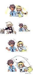 Rule 34 | 1boy, 3girls, 4koma, ahoge, blonde hair, blue eyes, blush, brown hair, comic, commentary request, dolphin, fate/grand order, fate (series), flying sweatdrops, frown, fujimaru ritsuka (male), fujimaru ritsuka (male) (tropical summer), highres, jeanne d&#039;arc alter (swimsuit berserker) (fate), jeanne d&#039;arc (fate), jeanne d&#039;arc (ruler) (fate), jeanne d&#039;arc (swimsuit archer) (fate), jeanne d&#039;arc (swimsuit archer) (first ascension) (fate), jeanne d&#039;arc alter (fate), jeanne d&#039;arc alter (swimsuit berserker) (fate), jeanne d&#039;arc alter santa lily (fate), multiple girls, nabenko, official alternate costume, platinum blonde hair, silent comic, simple background, tan, tropical summer (fate), twitter username, white background, yellow eyes