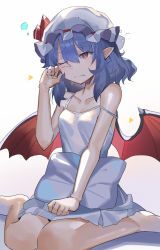Rule 34 | 1girl, bare legs, barefoot, bat wings, blue hair, breasts, closed mouth, collarbone, commentary request, dress, falken (yutozin), hat, hat ribbon, highres, medium hair, mob cap, one eye closed, pajamas, pillow, pointy ears, red eyes, red ribbon, remilia scarlet, ribbon, rubbing eyes, simple background, sitting, small breasts, touhou, vampire, wariza, wavy mouth, white background, white dress, wings