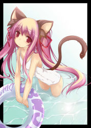 Rule 34 | 1girl, animal ears, bad id, bad pixiv id, bare shoulders, blush, border, female focus, flat chest, gradient background, hair ribbon, innertube, long hair, one-piece swimsuit, original, pink hair, red eyes, ribbon, school swimsuit, solo, swim ring, swimsuit, tail, twintails, very long hair, wading, water, white one-piece swimsuit, yumesato makura