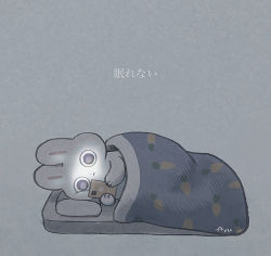 Rule 34 | :&lt;, ayu (mog), rabbit, cellphone, dot nose, grey background, holding, holding phone, kotatsu, lying, no humans, on side, original, phone, pillow, signature, simple background, smartphone, solo, table, translation request, under covers, wide-eyed