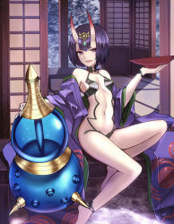 Rule 34 | 1girl, :d, bare legs, bare shoulders, barefoot, bob cut, breasts, collarbone, cup, eyeshadow, fangs, fate/grand order, fate (series), gem, gourd, headpiece, highres, holding, horns, japanese clothes, kimono, knee up, looking at viewer, makeup, navel, oni, open clothes, open kimono, open mouth, outdoors, pale skin, print kimono, purple eyes, purple hair, purple kimono, revealing clothes, sakazuki, shadow, shigure s, short eyebrows, short hair, shouji, shuten douji (fate), shuten douji (first ascension) (fate), sitting, skin-covered horns, sliding doors, small breasts, smile, snow, solo, spikes, stomach, sunlight, tatami, tree, wide sleeves