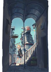 Rule 34 | 1girl, bag, blonde hair, city, commentary, crab, day, door, handbag, lamppost, open mouth, original, pleated skirt, railing, sailor collar, scenery, shadow, skirt, sky, smile, solo, stairs, standing, standing on one leg, wu ba pin