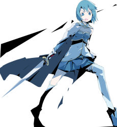 Rule 34 | 10s, 1girl, bad id, bad pixiv id, blue eyes, blue hair, cape, elbow gloves, frills, gloves, magical girl, mahou shoujo madoka magica, mahou shoujo madoka magica (anime), matching hair/eyes, miki sayaka, miki sayaka (magical girl), open mouth, rca, short hair, skirt, solo, sword, thighhighs, weapon, white thighhighs