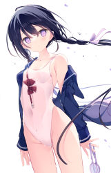 Rule 34 | 1girl, black hair, blue sailor collar, blue shirt, bow, braid, breasts, closed mouth, commentary request, covered navel, goggles, unworn goggles, groin, hair between eyes, highres, humuyun, long hair, looking at viewer, off shoulder, one-piece swimsuit, open clothes, open shirt, original, petals, purple eyes, red bow, sailor collar, school uniform, serafuku, shirt, single braid, small breasts, solo, swimsuit, swimsuit under clothes, water drop, white background, white one-piece swimsuit