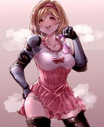 Rule 34 | 1girl, asakura aoshi, black thighhighs, blonde hair, breasts, collarbone, condom, cowboy shot, djeeta (granblue fantasy), dress, gauntlets, gradient background, granblue fantasy, hair between eyes, hairband, hand on own hip, hand up, holding, holding condom, legs apart, medium breasts, naughty face, open mouth, panties, pink dress, pink hairband, pink pupils, pussy juice, raised eyebrow, short hair, smile, solo, standing, steaming body, sweat, teeth, thighhighs, thighs, tongue, tongue out, underwear, upper teeth only, used condom, white panties