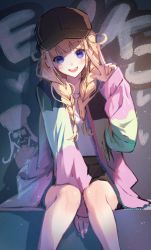 Rule 34 | 1girl, :d, arm between legs, baseball cap, blonde hair, braid, commentary request, graffiti, hat, highres, jacket, long hair, long sleeves, looking at viewer, misty cj, open clothes, open jacket, open mouth, paripi koumei, purple eyes, sitting, smile, solo, tsukimi eiko, twin braids, w, wall