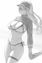 Rule 34 | 1girl, artoria pendragon (fate), baseball cap, bikini, bikini under clothes, breasts, cleavage, cleavage cutout, clothing cutout, collar, crop top, cropped jacket, fate/grand order, fate (series), greyscale, hat, highres, holding hands, large breasts, long hair, long sleeves, lvl (sentrythe2310), monochrome, mysterious heroine x (fate), mysterious heroine xx (fate), navel, ponytail, shrug (clothing), side-tie bikini bottom, skindentation, swimsuit, thigh strap, zipper
