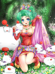 Rule 34 | 1990s (style), 1girl, armpits, arms up, bat wings, blue eyes, boots, breasts, cape, cleavage, detached sleeves, dress, faslay, final fantasy, final fantasy vi, flower, green hair, kneeling, long hair, moogle, nature, no legwear, open mouth, outdoors, ponytail, sheath, sheathed, short dress, strapless, strapless dress, sword, thigh gap, tina branford, tree, weapon, wings