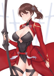 Rule 34 | 1girl, archer (fate), archer (fate) (cosplay), breasts, brown eyes, brown hair, cleavage, cosplay, covered navel, curvy, fate (series), franham, highres, kaga (kancolle), kantai collection, large breasts, leotard, side ponytail, solo, standing, wide hips