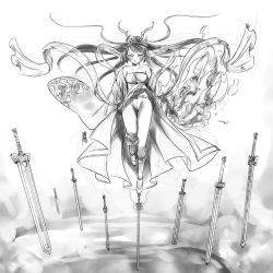 Rule 34 | 1girl, antaria, field of blades, greyscale, long hair, looking at viewer, monochrome, original, signature, sketch, solo, standing, standing on one leg, sword, weapon