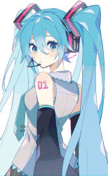Rule 34 | 1girl, blue eyes, blue hair, blue necktie, breasts, commentary, detached sleeves, hatsune miku, headset, highres, kawasaki (kwsk 8765), long hair, looking at viewer, looking back, medium breasts, necktie, simple background, solo, tie clip, twintails, upper body, vocaloid, white background