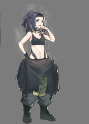 Rule 34 | 1girl, :d, animal ears, arknights, bare shoulders, black bra, black footwear, black gloves, black hair, black hairband, boots, bra, breasts, collarbone, echj, fang, full body, gloves, grey background, grey overalls, hairband, hand on own hip, hand up, highres, jessica (arknights), jessica (iron block) (arknights), long hair, navel, official alternate costume, open mouth, overalls, overalls pull, parted bangs, ponytail, simple background, single glove, small breasts, smile, solo, sports bra, standing, underwear