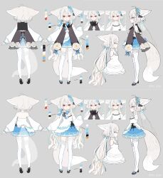 Rule 34 | 1girl, :o, absurdres, ahoge, animal ear fluff, animal ears, ascot, asymmetrical legwear, bacheally, back, bare shoulders, bell, between legs, black footwear, blue bow, blue dress, blue ribbon, bow, bowtie, braid, capelet, character sheet, child, collar, collared dress, color guide, cropped torso, detached sleeves, dress, ears down, flower, fox ears, fox girl, fox tail, frilled capelet, frilled collar, frilled dress, frilled sleeves, frills, full body, grey background, hair between eyes, hair ornament, hair scrunchie, high collar, highres, inset border, large ears, layered dress, long hair, long sleeves, looking at viewer, low twintails, multiple views, original, parted lips, profile, puffy long sleeves, puffy sleeves, red eyes, ribbon, sakurada shiro (hy plus), sash, scrunchie, short dress, side braid, simple background, sleeveless, sleeveless dress, sleeves past wrists, solo, standing, straight-on, strappy heels, tail, tail between legs, thighhighs, twintails, twitter username, vertical-striped sash, very layered dress, very long hair, watermark, white background, white dress, white flower, white hair, white thighhighs