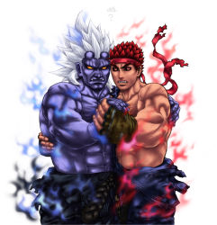 Rule 34 | 2boys, akuma (street fighter), angry, bara, black sclera, capcom, colored sclera, dark persona, dark skin, dougi, evil, evil ryu, eyebrows, f-15jrs, fangs, fingerless gloves, fire, gloves, headband, holding hands, hug, kuruoshiki oni, male focus, multiple boys, muscular, no pupils, red eyes, red hair, rope, ryu (street fighter), simple background, spiked hair, street fighter, street fighter iv (series), teeth, thick eyebrows, topless male, torn clothes, uncle and nephew, white background, white hair, yaoi, yellow eyes