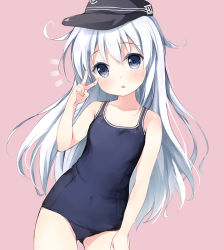 Rule 34 | 10s, 1girl, ^^^, alternate costume, anchor symbol, bare arms, bare shoulders, black hat, blue eyes, blue hair, blue one-piece swimsuit, chiyingzai, collarbone, contrapposto, covered navel, cowboy shot, eyebrows, flat cap, flat chest, gluteal fold, hand gesture, hat, hibiki (kancolle), kantai collection, long hair, looking at viewer, one-piece swimsuit, pink background, roman numeral, school swimsuit, simple background, solo, standing, swimsuit, v, very long hair