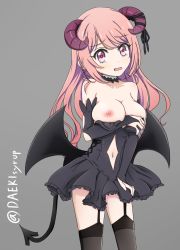 Rule 34 | 1girl, bare shoulders, black neckwear, black thighhighs, blush, breasts, choker, clothing cutout, collarbone, cosplay, demon girl, demon horns, demon tail, drill hair, embarrassed, feet out of frame, grey background, hair ornament, hair ribbon, horns, jashin-chan dropkick, large breasts, looking at viewer, navel, navel cutout, nipples, one breast out, open mouth, pink eyes, pink hair, pino (jashin-chan dropkick), ribbon, simple background, skirt, solo, standing, tail, thighhighs, tomato (papanohimitsu)