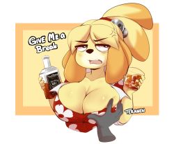 Rule 34 | 1girl, alcohol, alternate breast size, anger vein, animal crossing, animal ears, animal nose, annoyed, artist name, bags under eyes, bell, black eyes, blonde hair, body fur, border, bottle, brand name imitation, grabbing another&#039;s breast, breasts, bright pupils, buttons, cleavage, collarbone, cropped torso, cup, disembodied limb, dog ears, dog girl, drink, drinking glass, english text, fang, female focus, floral print, furry, furry female, grabbing, hair bell, hair ornament, hair tie, half-closed eyes, hands up, holding, holding bottle, holding drink, holding drinking glass, ice, ice cube, isabelle (animal crossing), jack daniel&#039;s, jingle bell, jitome, large breasts, looking to the side, multicolored hair, nintendo, open mouth, outside border, parted bangs, red shirt, rolling eyes, shirt, short hair, short sleeves, signature, simple background, solo focus, talking, teeth, teranen, topknot, two-tone fur, two-tone hair, upper body, v-shaped eyebrows, whiskey, white border, white fur, white pupils, yellow eyes, yellow fur