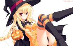 Rule 34 | 1girl, 77, ass, bad id, bad pixiv id, black panties, blonde hair, blush, boots, bustier, cameltoe, cape, drill hair, halloween, hat, highres, jack-o&#039;-lantern, koshimizu rin, mikagami mamizu, open mouth, original, panties, pumpkin, solo, striped clothes, striped thighhighs, thighhighs, transparent background, underwear, witch hat