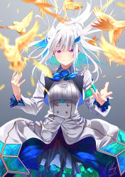 Rule 34 | 1girl, armband, bird, blue hair, blue neckwear, blunt bangs, blurry, blurry foreground, breasts, closed mouth, commentary request, feathers, floating hair, grey background, hair ornament, highres, lize helesta, long hair, long sleeves, looking at viewer, multicolored hair, nijisanji, purple eyes, re lucy, resolution mismatch, shadow, shirt, shrug (clothing), skirt, small breasts, smile, solo, source smaller, standing, two-tone hair, virtual youtuber, white hair, white shirt