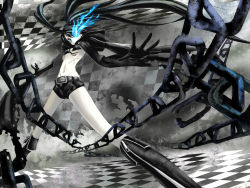 Rule 34 | 10s, 1girl, bad id, bad pixiv id, belt, bikini, bikini top only, black hair, black rock shooter, black rock shooter (character), blue eyes, boots, chain, flat chest, gloves, glowing, glowing eyes, midriff, navel, run p (aveton), scar, shorts, solo, swimsuit, twintails, vocaloid