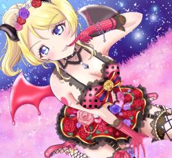 Rule 34 | 1girl, artist request, asymmetrical wings, ayase eli, bare shoulders, black wings, blonde hair, blue eyes, blush, bow, bra, breasts, cleavage, collarbone, demon horns, demon tail, demon wings, dress, earrings, fake demon horns, female focus, fishnet legwear, fishnets, floral print, flower, flower earrings, flower print, gloves, hair between eyes, heart, heart tattoo, high heels, highres, horns, jewelry, large breasts, long hair, looking at viewer, love live!, love live! school idol festival, love live! school idol project, medium breasts, midriff, mismatched wings, navel, parted lips, pink footwear, pink gloves, pink high heels, pink wings, pitchfork, polka dot, polka dot bow, polka dot bra, ponytail, purple flower, red flower, red skirt, ritaso, rose, short hair, shoulder tattoo, skirt, solo, sparkle, strap slip, striped clothes, striped gloves, tail, tattoo, tiara, underwear, vertical-striped clothes, vertical-striped gloves, wings