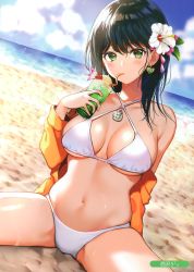 Rule 34 | 1girl, absurdres, bare shoulders, beach, bikini, black hair, blush, breasts, cherry, cleavage, cloud, cloudy sky, crazy straw, criss-cross halter, cup, day, drinking, drinking glass, drinking straw, dutch angle, earrings, flower, food, fruit, green eyes, hair flower, hair ornament, halterneck, heart, heart earrings, hibiscus, highres, holding, holding cup, ice cream, jewelry, large breasts, long hair, long sleeves, looking at viewer, melonbooks, navel, nishizawa, ocean, off shoulder, on ground, open clothes, open shirt, orange shirt, outdoors, pendant, sand, scan, shirt, shore, sitting, sky, solo, spread legs, swimsuit, thighhighs, thighs, water, white bikini, white flower