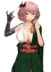 Rule 34 | 1girl, :p, absurdres, azur lane, bikini, bikini under clothes, breasts, cleavage, closed mouth, collarbone, commentary, cowboy shot, duca degli abruzzi (azur lane), english commentary, food, green kimono, hair ornament, hair over shoulder, hands up, highres, holding, holding food, japanese clothes, kimono, large breasts, long hair, long sleeves, looking at viewer, lordol, low ponytail, mechanical arms, obi, open clothes, open kimono, pink hair, prosthesis, prosthetic arm, red eyes, sash, single bare shoulder, single mechanical arm, solo, swimsuit, tongue, tongue out, white bikini, wide sleeves