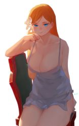 Rule 34 | 1girl, bare shoulders, blonde hair, blue eyes, breasts, cleavage, collarbone, commentary request, flower, hair flower, hair ornament, highres, huge breasts, looking at viewer, original, ryusei hashida, signature, simple background, sitting, skirt, smile, solo, thighs, veins, veiny breasts, white background