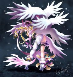 Rule 34 | 1girl, angel, angel wings, angewomon, armor, artist request, ass, asymmetrical clothes, bare arms, bare shoulders, belt, blonde hair, boots, breastplate, breasts, christmas, cleavage, collarbone, covered eyes, digimon, digimon (creature), elbow gloves, evolutionary line, facing viewer, feathered wings, feathers, gloves, head wings, helmet, high heel boots, high heels, huge ass, large breasts, long hair, multiple wings, pink ribbon, plotmon, ribbon, single elbow glove, single glove, single pantsleg, smile, solo, thigh strap, thighs, very long hair, white gloves, white heels, white wings, wings