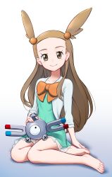 Rule 34 | 1girl, aqua dress, barefoot, blue jacket, blush, bow, bowtie, brown eyes, brown hair, closed mouth, collarbone, creatures (company), dress, feet, forehead, full body, game freak, gen 1 pokemon, gradient background, gym leader, jacket, jasmine (pokemon), long hair, long sleeves, looking at viewer, magnemite, nintendo, on lap, open clothes, open jacket, orange bow, pokemon, pokemon (creature), pokemon hgss, saitou teikoku, see-through, sitting, smile, toes, two side up, very long hair, white background, yokozuwari