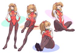 Rule 34 | blue eyes, bodysuit, brown hair, eyepatch, full body, hair ornament, hair over one eye, hand on own thigh, hands on own hips, head tilt, interface headset, invisible chair, leaning to the side, legs together, long hair, multiple views, neon genesis evangelion, one eye covered, own hands together, parted bangs, plugsuit, rebuild of evangelion, simple background, sitting, souryuu asuka langley, spread legs, standing, teeth, teikoku jokyoku, twintails, two side up, upper teeth only, white background