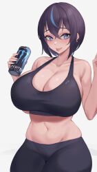 Rule 34 | 1girl, :p, bare arms, bare shoulders, black hair, black pants, blue eyes, blue hair, breasts, cleavage, commentary, cowboy shot, crop top, grey background, groin, hair between eyes, hands up, highres, huge breasts, kuavera, leggings, looking at viewer, midriff, mole, mole under mouth, monster energy, multicolored hair, navel, original, pants, romaji commentary, short hair, simple background, solo, sports bra, stomach, tongue, tongue out