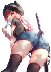 Rule 34 | 1girl, animal hat, arched back, ass, black shirt, black thighhighs, bracelet, breasts, cabbie hat, cat hat, cowboy shot, dappled sunlight, food, from behind, from below, hair ornament, hair scrunchie, hat, highres, holding, holding food, jewelry, katana, kneepits, leaning forward, long hair, looking at viewer, looking back, medium breasts, original, panties, pantyshot, pink panties, ponytail, popsicle, red hair, scrunchie, sheath, sheathed, shirt, short shorts, short sleeves, shorts, skindentation, solo, standing, sunlight, sword, thighhighs, thighs, transparent background, underwear, upshorts, weapon, yellow eyes, yukikaze (aaassszzz)