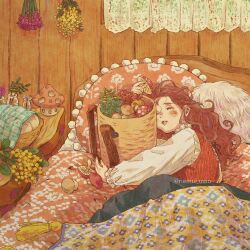 Rule 34 | 1girl, backpack basket, basket, bedroom, blanket, blue sky, blush, bottle, closed eyes, curtains, floral print, flower, frilled sleeves, frills, hair between eyes, hair slicked back, hand up, herb bundle, highres, holding, holding mushroom, indoors, long hair, long sleeves, lying, mushroom, nemui usio, on bed, on side, original, outstretched arm, parted lips, puffy long sleeves, puffy sleeves, red hair, red vest, shirt, sky, solo, table, tassel, toy, twitter username, under covers, vest, wavy hair, white shirt, window, wooden wall, yellow flower